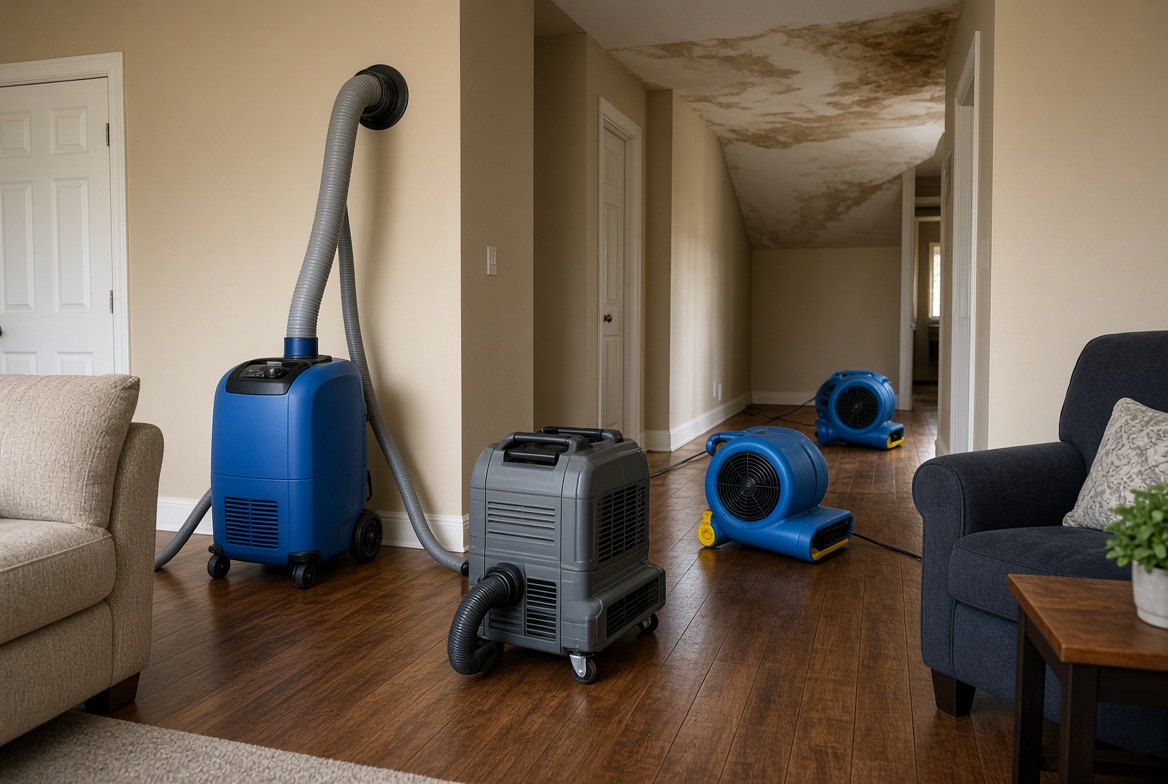 Roof dry out equipment including dehumidifiers and air movers beneath a water-damaged ceiling