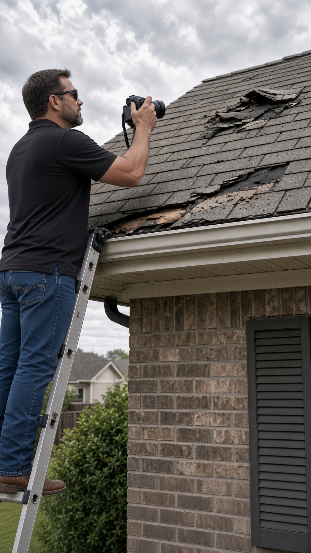 Storm damage documentation of a damaged roof from a ladder for insurance claims assistance