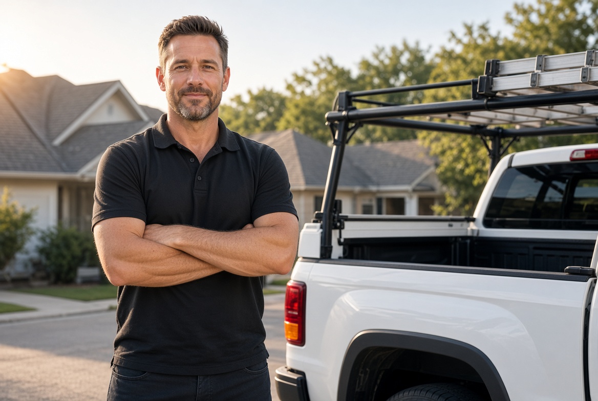 Roofing professional in a black polo standing beside a white work truck