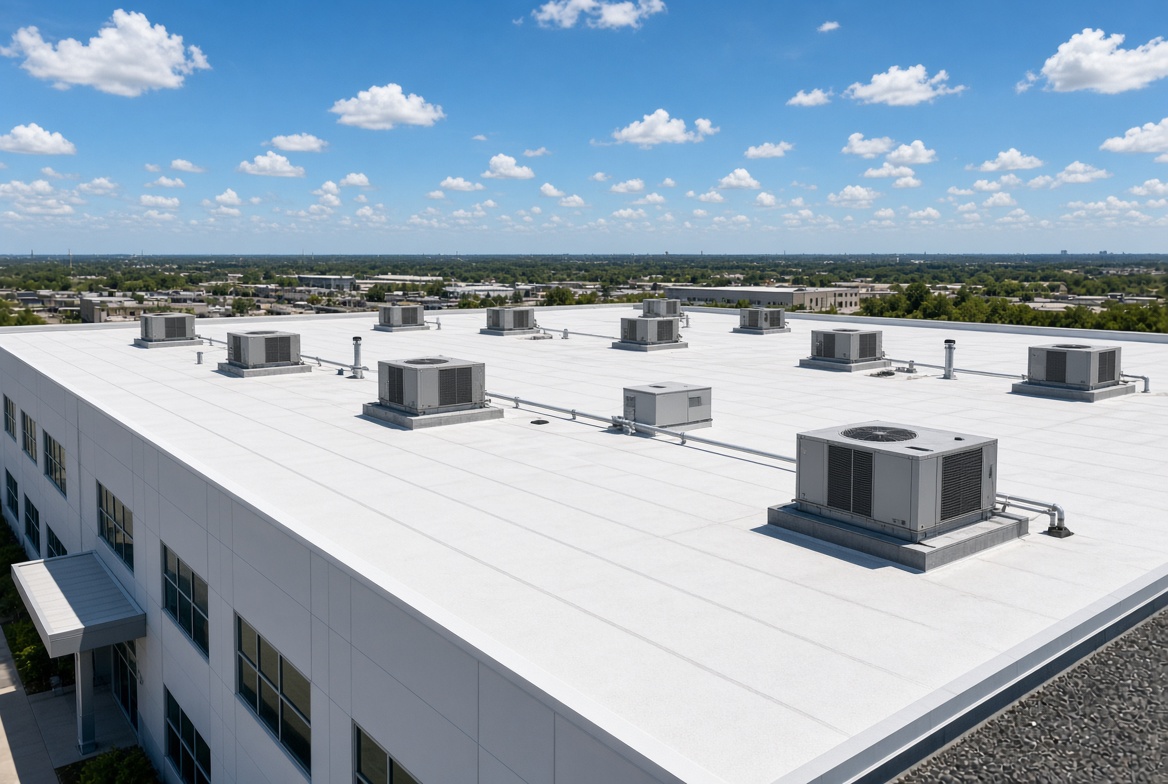 Elevated view of a clean white commercial TPO roof with multiple HVAC units
