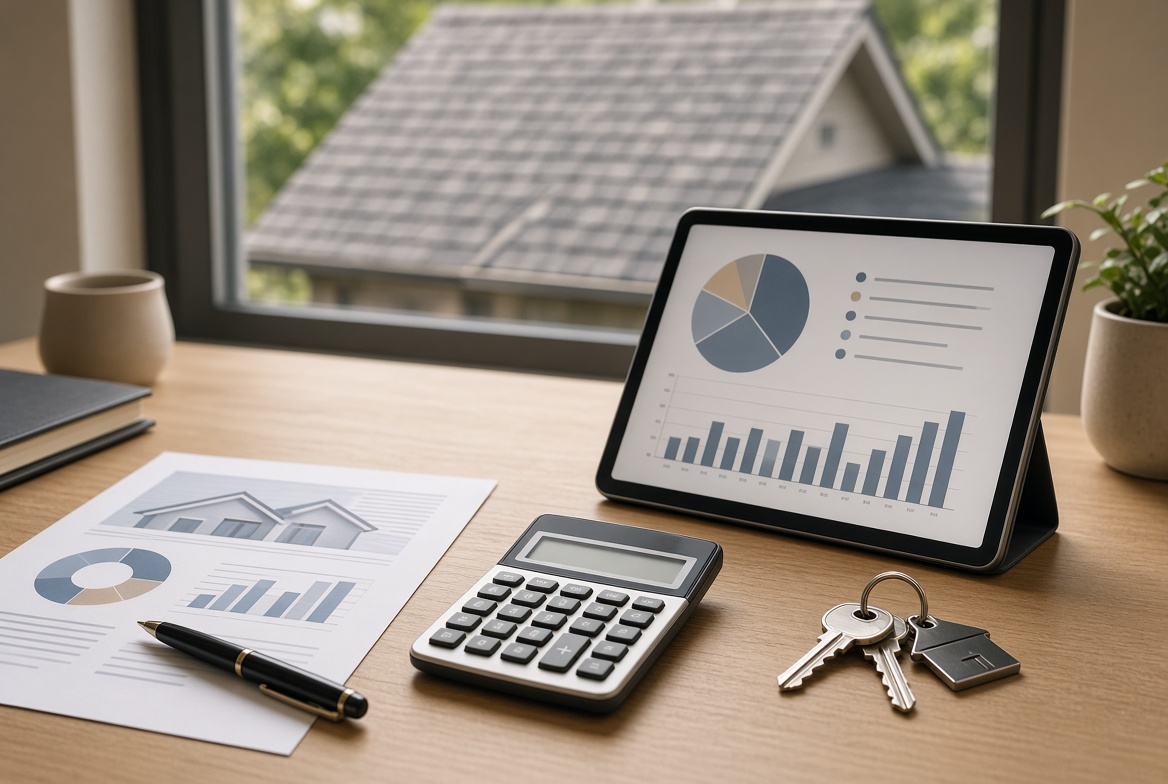 Calculator, house keys, and a tablet showing financing charts beside a roof view