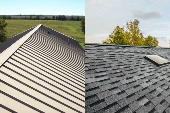Metal roofing on the left and asphalt shingles on the right for a roof material comparison